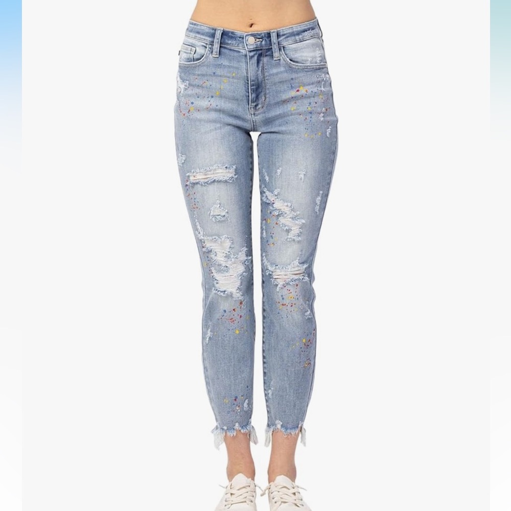 Judy Blue High Rise Distressed Paint Boyfriend Fit Women’s Jeans Size 16…